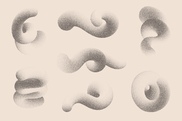 Stipple gradient shapes. 3D swirl lines with noise. Grainy geometric spirals with sand effect. Halftone trendy curved organic objects for modern posters and graphic design. Vector illustration