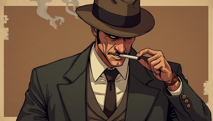 Man Smoking Rolled Cigarette Wearing Brown Hat and Suit, Cartoon Style