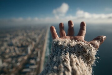 A hand extended in friendship over a vast distance, bridging gaps.