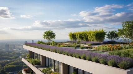 Obraz premium A modern rooftop garden featuring lush plants and flowers, overlooking a cityscape under a vibrant sky filled with clouds.