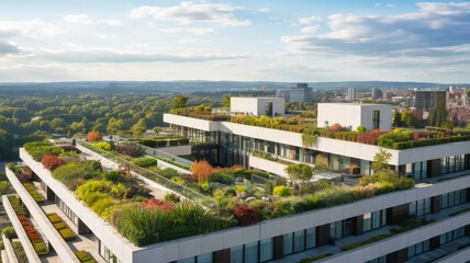 A modern building with lush rooftop gardens, showcasing a blend of architecture and nature against a scenic urban backdrop.