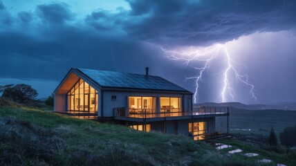A modern house stands on a hill during a thunderstorm, illuminated by lightning, showcasing a dramatic blend of architecture and nature.