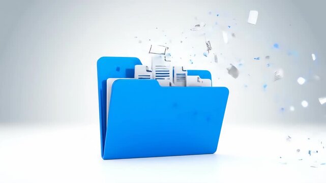 Blue folder document digital particle transformation animated file data technology storage and organization concept, blue folder icon releasing digital particles transforming into documents