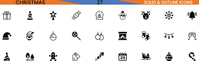 Christmas icon set solid and outline symbols for festive design vector