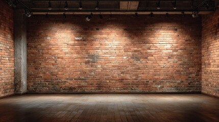 Rustic Brick Wall Studio with Wood Flooring, Lit by Spotlights for Presentations and Displays