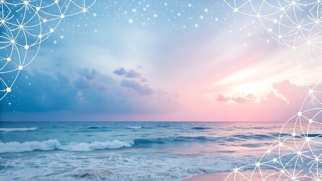 Dreamy ocean sunset with abstract network overlay and gentle waves