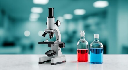 Microscope and laboratory beakers with colored liquid on white table, symbolizing scientific research,Medical lab equipment and reagents on a clean table for research and analysis