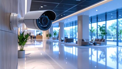 Surveillance camera in modern lobby offers security monitoring, facility safety