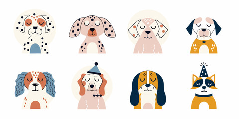 Collection of eight adorable illustrated dogs with closed eyes wearing party hats and bow ties