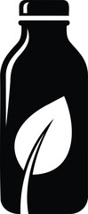 Black and white vector illustration of a bottle with a leaf, symbolizing natural or organic product