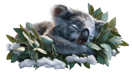 Sleeping Koala in Eucalyptus 3d rendered, isolated on transparent background