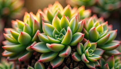 Obraz premium A macro shot of a green succulent with red tips. The other plants in the background are out of focus.