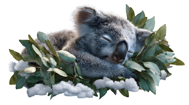 Sleeping Koala in Eucalyptus 3d rendered, isolated on transparent background