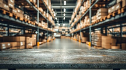 Warehouse Empty Countertop Mockup Display: Distribution Center with Shelves and Boxes for Product Placement