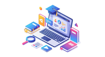 Isometric illustration of online learning and digital education with laptop and books.