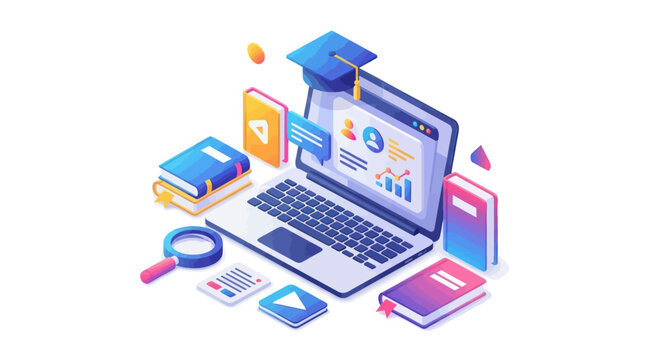 Isometric illustration of online learning and digital education with laptop and books.