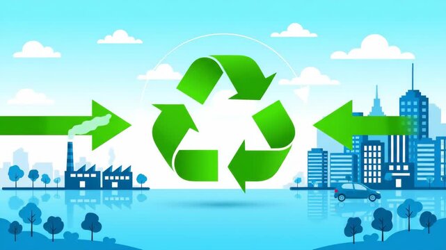 Recycling symbol green arrow connects factory, car, and city blue sky, highlighting sustainability, environment, and circular economy with eco friendly urban landscape, pollution reduction