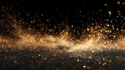 Golden dust sparkles against a black background creating a luxurious, magical atmosphere.