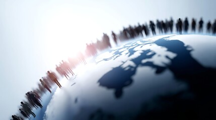 A close view of a globe with silhouettes of people surrounding it. This image captures the essence of global unity and connection. Ideal for discussions on community and togetherness. AI