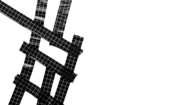 Multiple black adhesive tape strips with white grids, cleanly cut, meticulously arranged on a transparent surface, top-down studio shot with softbox lighting, systematic design and meticulous