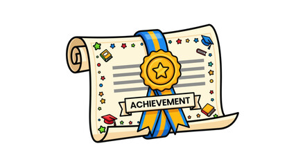 Illustrated achievement diploma scroll with gold star seal and ribbon.