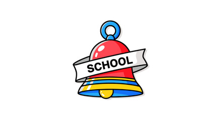 Colorful cartoon school bell with SCHOOL banner red yellow and blue.