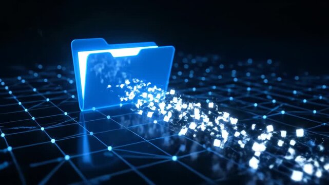 Blue glowing folder with digital files flowing into illuminated network grid, representing data transfer, futuristic technology, secure information exchange, and modern cyber data storage management