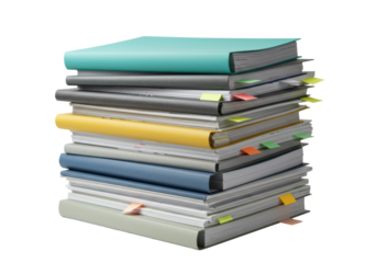 Tall stack of neat new file folders in muted professional colors, with sticky notes, isolated on transparent background with copy space, clean, shadowless, concept of efficient information