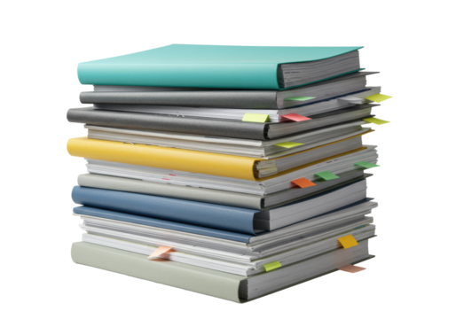 Tall stack of neat new file folders in muted professional colors, with sticky notes, isolated on transparent background with copy space, clean, shadowless, concept of efficient information