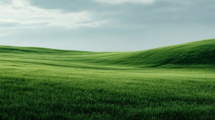 Obraz premium Lush Green Field Under a Cloudy Sky: Serene Nature Landscape with Rolling Hills