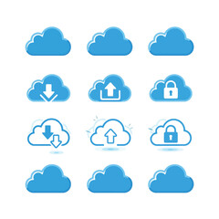 Obraz premium Vector illustration of set of blue cloud icons with download, upload, and lock symbols