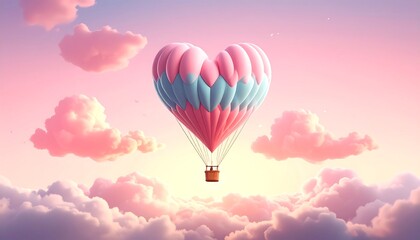 Heart-shaped hot air balloon floats in pastel pink and blue clouds at sunrise