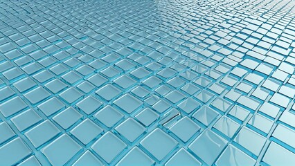3d light blue background with row of glass transparent square plates. Abstract curve wave line pattern. Crystal array of geometric block shapes render. Futuristic design digital tech