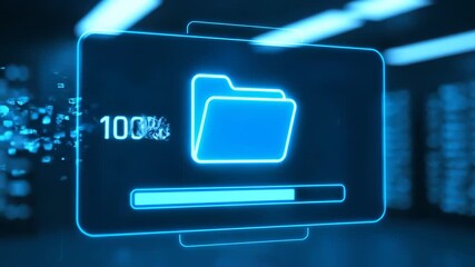 Data transfer animation with folder icon, progress bar, percentage display, glowing blue light, digital futuristic technology, modern server room background, efficient secure cyber network file - Powered by Adobe