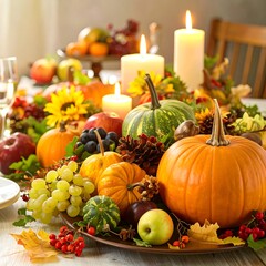 Thanksgiving table centerpiece with fruits and gourds