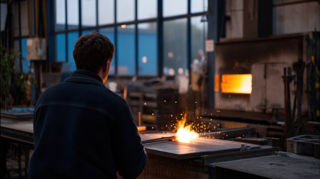 Worker in Industrial Workshop Engaged in Metalworking with Sparks Flying in Background