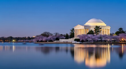 Obraz premium Jefferson Memorial at dusk with cherry blossoms and reflection in the Tidal Basin Washington DC.