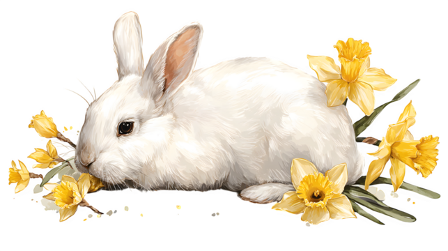 White Rabbit with Daffodils, isolated on transparent background