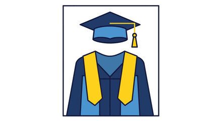 Blue and yellow academic graduation cap and gown vector illustration.