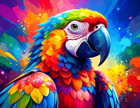 Colorful macaw parrot portrait featuring vibrant feathers set against a bright abstract multicolored paint splatter background for creative design projects or wildlife art print merchandise.