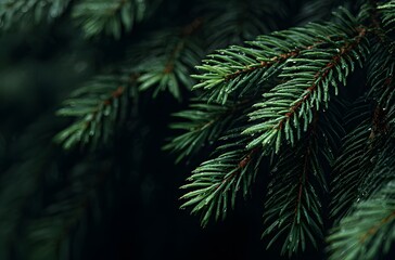 Close-Up of Spruce Tree Branches with Needles on Dark Background