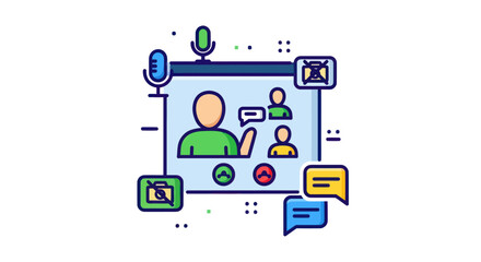 Digital Video Conference Call with Multiple Participants and Communication Icons.