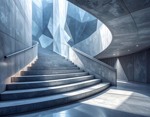Modern, curved staircase ascending in a light-filled, contemporary interior space