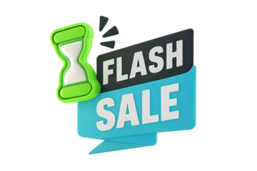 Green hourglass icon next to a blue and black flash sale sign isolated on transparent background