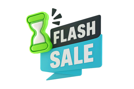 Green hourglass icon next to a blue and black flash sale sign isolated on transparent background