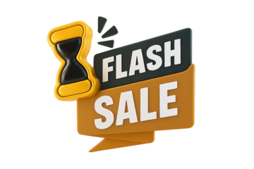 3d hourglass symbol next to a bold orange and black flash sale banner isolated on transparent background