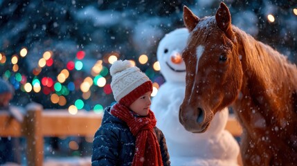 Young child wearing winter attire interacts with a brown horse in a snowy setting, with a cheerful snowman and colorful lights creating a festive atmosphere