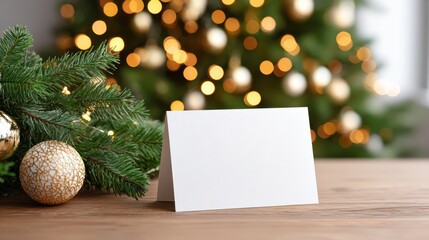 Blank greeting card on wooden table surrounded by festive decorations, including ornaments and evergreen branches, creating a warm holiday atmosphere with copy space