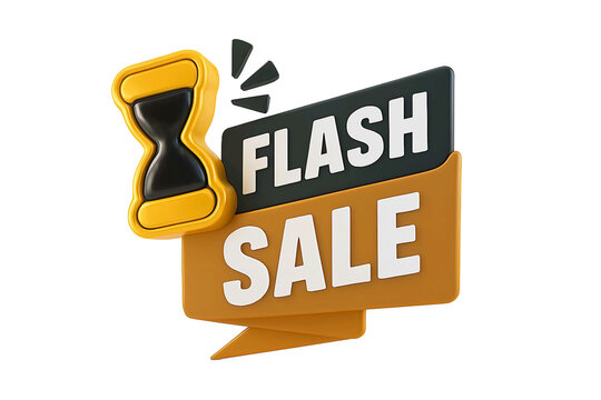 3d hourglass symbol next to a bold orange and black flash sale banner isolated on transparent background