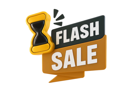 3d hourglass symbol next to a bold orange and black flash sale banner isolated on transparent background
